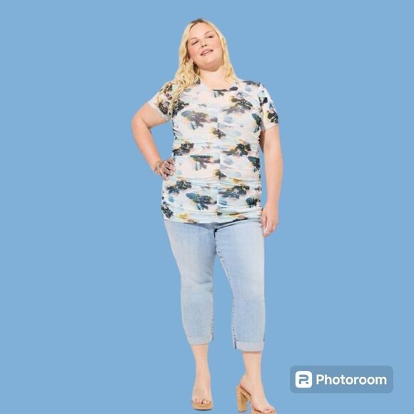 1X 14W 16W Torrid Blue Floral Stretch Mesh Crew Neck Ruched Top Sweetheart blue - Picture 1 of 7